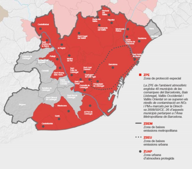 Mapa de la zonificación de bajas emisiones. Fuente: Publicación “El aire que respiramos. Buenas prácticas para mejorar la calidad del aire”. Área Metropolitana de Barcelona Mapa de la zonificación de bajas emisiones. Fuente: Publicación “El aire que respiramos. Buenas prácticas para mejorar la calidad del aire”. Área Metropolitana de Barcelona