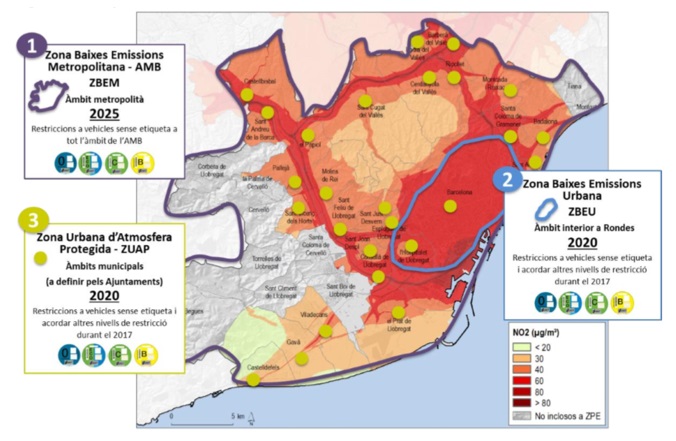 Implantación de las Zonas de Bajas Emisiones. Fuente: Programa metropolitano de medidas contra la contaminación atmosférica, Área Metropolitana de Barcelona Implantación de las Zonas de Bajas Emisiones. Fuente: Programa metropolitano de medidas contra la contaminación atmosférica, Área Metropolitana de Barcelona