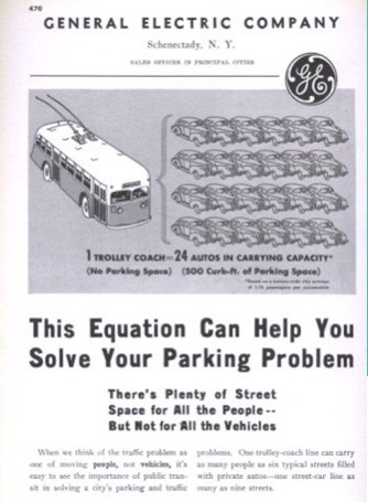 Anunci de General Electric en 1940 NY on es compara lespai ocupat per un transport collectiu i lespai ocupat per les mateixes persones en cas dutilitzar un cotxe Anunci de General Electric en 1940 NY on es compara lespai ocupat per un transport collectiu i lespai ocupat per les mateixes persones en cas dutilitzar un cotxe
